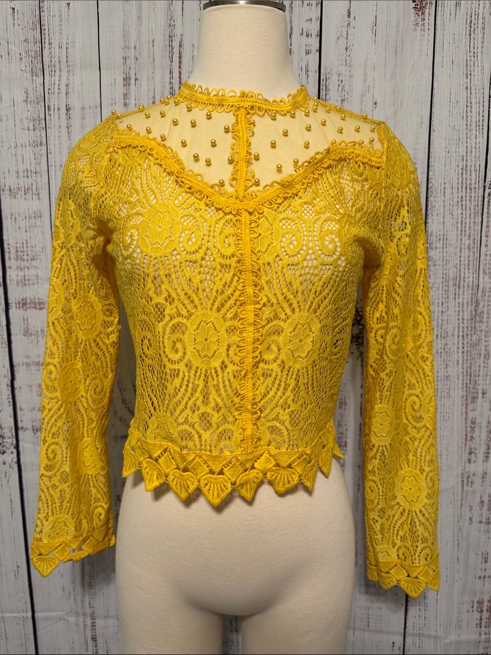 Sunny‎ Yellow Lace Long-Sleeve Blouse with Beaded Yoke
